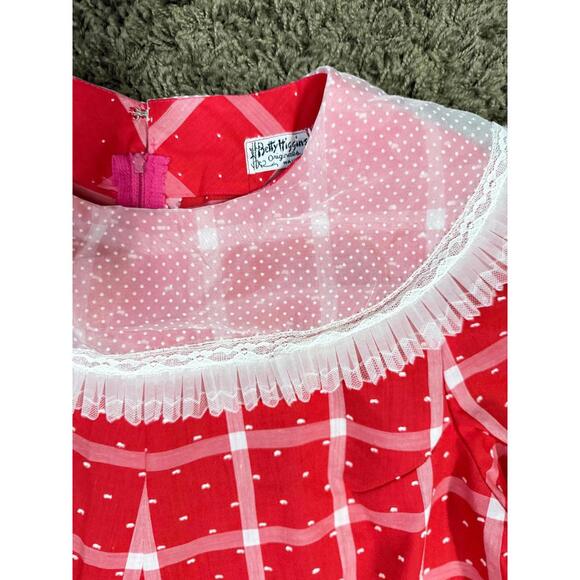 Vintage 1970's Red Plaid Maxi Dress Swiss Dot Chiffon Collar Betty Higgins - Picture 10 of 10